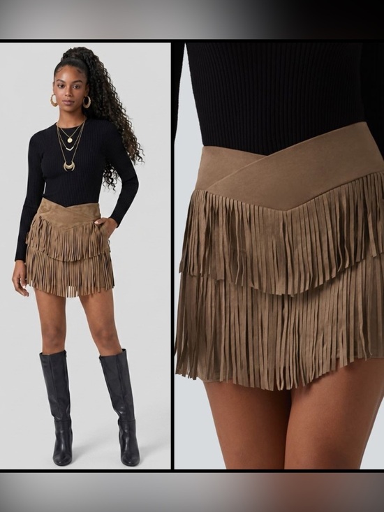 HALARA Dresses & Skirts - HALARA Crossover High Waisted 2-in-1 Fringe Hem Bodycon Mini Skirt Taupe XS